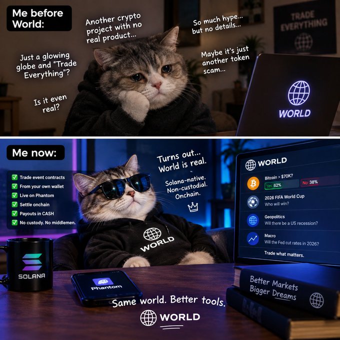 A two-panel meme featuring a cat: 'Me before World' showing skepticism about a crypto project called WORLD, and 'Me now' showing the cat wearing sunglasses with a Solana mug, Phantom wallet, and the WORLD platform interface, captioned 'Same world. Better tools.'