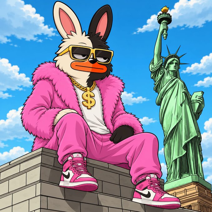 An anime-style illustration shows a stylized animal character wearing a pink fur coat, yellow sunglasses, a dollar sign necklace, and pink sneakers, sitting casually on a brick wall with the Statue of Liberty in the background.