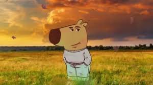 An animated cartoon character with a horse-like head, wearing a white shirt, standing in a grassy field with a dramatic sunset sky in the background.