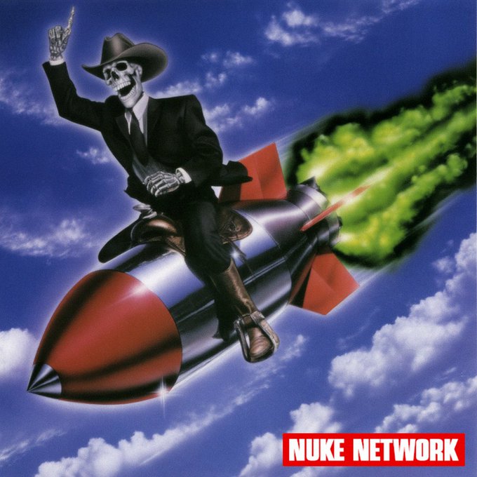 A surreal digital artwork features a skeleton in a black suit and cowboy hat riding a silver rocket with red accents through a blue cloudy sky, with the text 'NUKE NETWORK' in the bottom right corner.