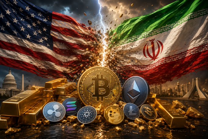 A graphic shows the US and Iranian flags colliding with lightning between them, with various cryptocurrencies including Bitcoin, Dogecoin, Solana, and XRP displayed in front of gold bars.