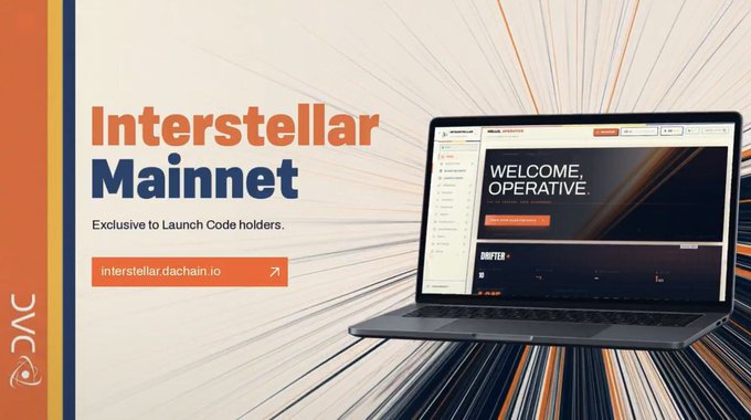Promotional banner reading 'Interstellar Mainnet - Exclusive to Launch Code holders' with the URL interstellar.dachain.io and a JJC logo, featuring a laptop displaying 'WELCOME, OPERATIVE' alongside an orange motion-blur background.