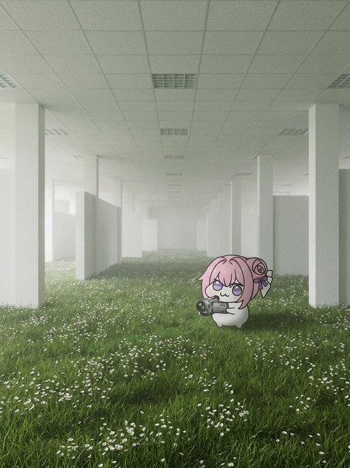 A digitally created scene of an empty office space with white pillars and a drop ceiling, now overgrown with green grass and white flowers, featuring a small anime-style pink-haired chibi character holding a camera.