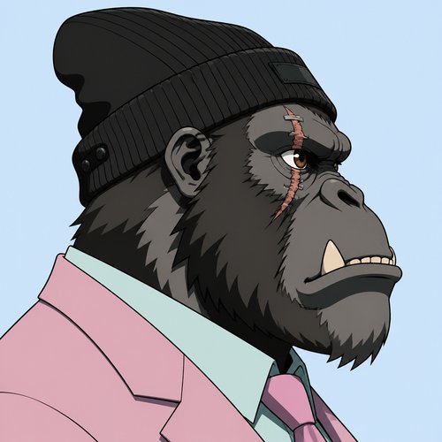 A stylized 2D illustration of a gorilla with a scar over its right eye, wearing a black beanie, a pink suit jacket, a green shirt, and a pink tie against a blue background.