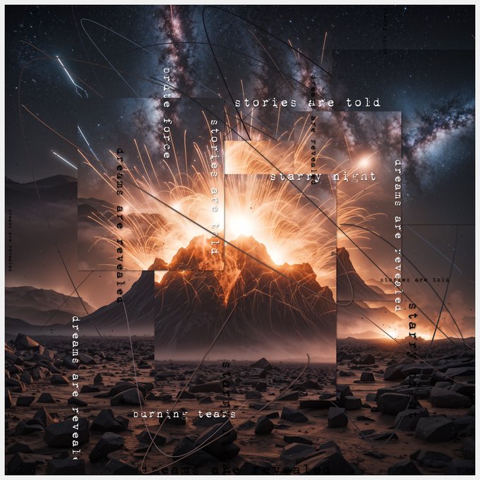 The image features a large explosion with a bright orange flame, surrounded by rocks and mountains under a starry sky. The caption of the image reads "Stories are told. Dreams are born. Fires burn." This message seems to be related to the content of the post that says "Gn!«T»rts of fire 0.03 Ξ | @TransientLabs".