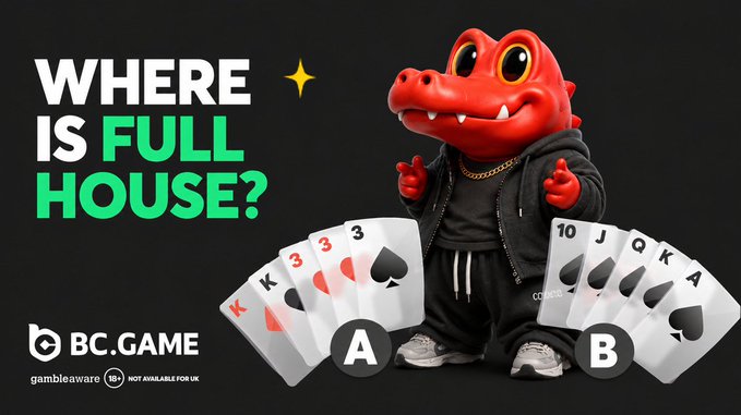 A BC.GAME advertisement banner featuring a red crocodile character in a hoodie, with the text 'WHERE IS FULL HOUSE?' and playing cards showing both hands labeled A and B.
