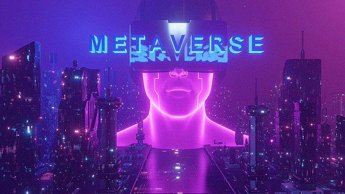 A cyberpunk cityscape at night illuminated in pink and purple neon, featuring a colossal human face wearing a VR headset with the word 'METVERSE' displayed in glowing blue letters.