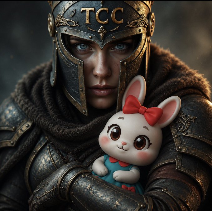 A detailed digital rendering shows an armored warrior in a helmet marked 'TCG' holding a small, cute cartoon rabbit character with a red bow.