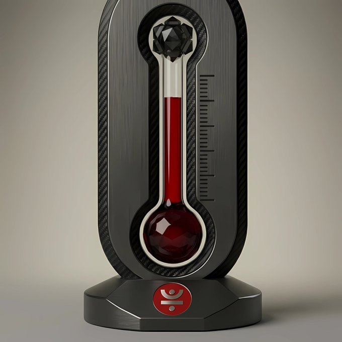 A dark, capsule-shaped device with carbon fiber detailing containing a red liquid in a thermometer-style tube and a black gem at the top, featuring a red circular emblem on the base.