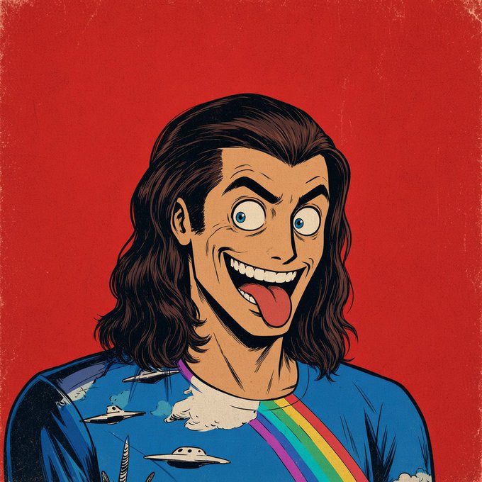 A cartoon-style illustration on a red background features a man with long dark hair and an exaggerated, manic expression, sticking his tongue out playfully while wearing a blue shirt with UFO and cloud patterns and a rainbow sash, embodying the irreverent, meme-driven energy of the accompanying post promoting a new "Retardio" tool for the @MadLads community.