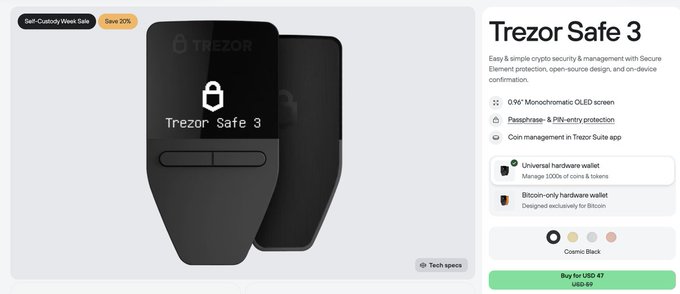 An e-commerce product page for the 'Trezor Safe 3' hardware wallet, showing the black device, price of 'USD 47' (originally USD 59), and features like a 0.96" OLED screen and passphrase protection.