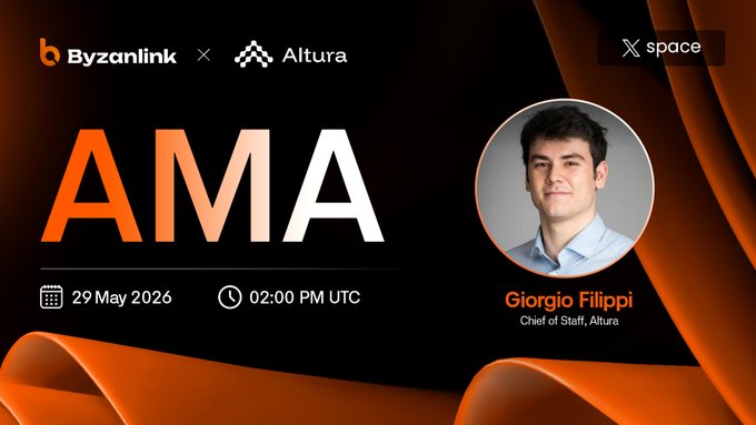 The image shows a poster for an AMA event that took place on Friday, May 29th at 2:00 PM. The poster features a man's face with his name displayed below him. The event was hosted by Byzanlink and Altura, who are both companies in the real estate space. They have joined forces to host this AMA, which is focused on discussing the evolving RWA landscape and tokenisation of real-world assets.
