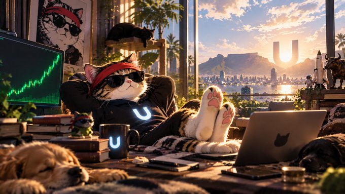 An AI-generated illustration shows a cat wearing sunglasses and a red bandana lounging with feet up on a desk featuring a laptop with an Apple logo, a monitor displaying green stock charts, and "U" branded items, with a scenic mountain and ocean view through the window.