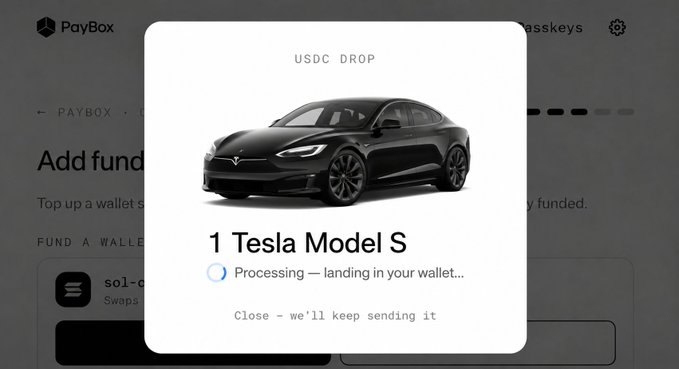 A PayBox crypto wallet notification claiming a 'USDC DROP' of a Tesla Model S is processing and landing in your wallet.