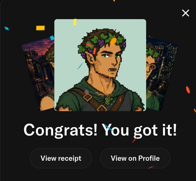 A digital collectible congratulation screen saying 'Congrats! You got it!' featuring a pixel-art character wearing a green leaf and grape crown.