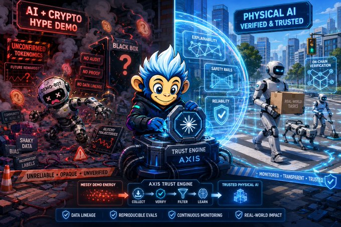 An infographic contrasting 'AI + CRYPTO HYPE DEMO' on the left with 'PHYSICAL AI VERIFIED & TRUSTED' on the right, featuring monkey and robot characters around an 'AXIS Trust Engine.'