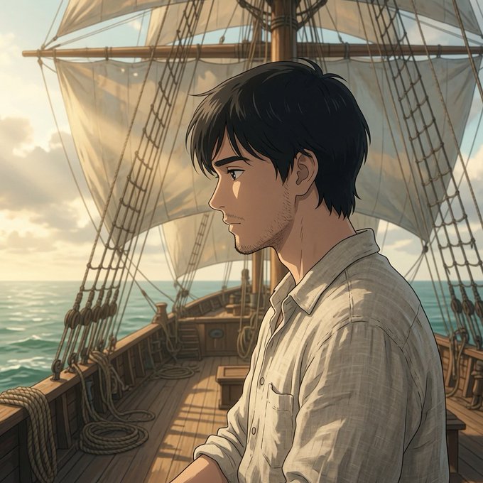 An anime-style illustration of a young man with dark hair and a light beard wearing a plaid shirt, standing on the wooden deck of a sailing ship with large white sails behind him.