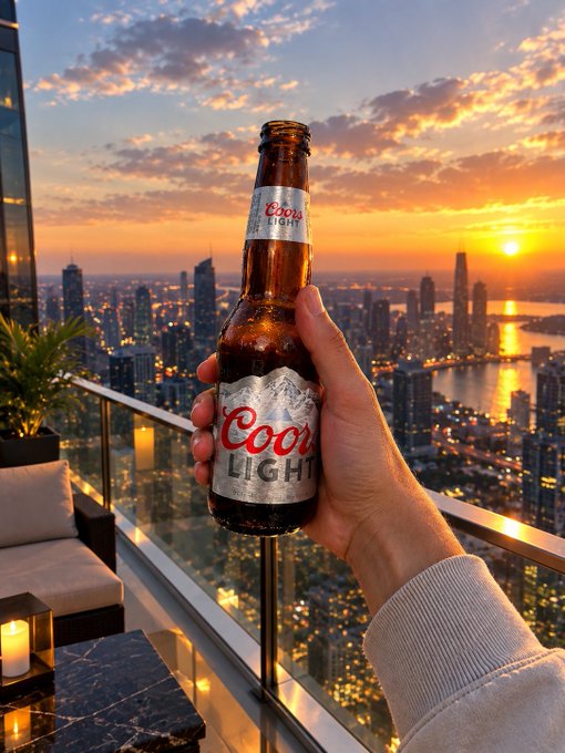 A hand holds up a bottle of Coors Light beer against a backdrop of a city skyline at sunset from a rooftop balcony.