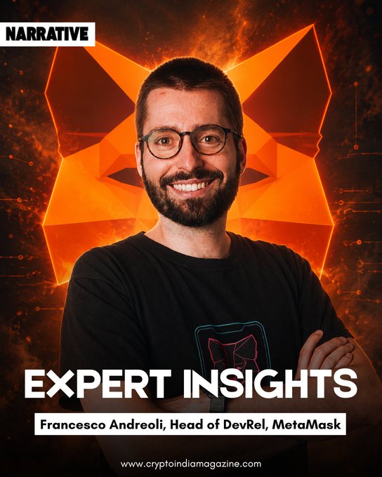 A magazine feature titled 'EXPERT INSIGHTS' showing Francesco Andreoli, Head of DevRel at MetaMask.