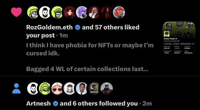A dark-themed social media notification screen showing 'RozGoldem.eth and 57 others liked your post' with the text 'I think I have phobia for NFTs or maybe I'm cursed idk. Bagged 4 WL of certain collections last...', alongside a 'Brawler Punks' NFT collection stats panel.