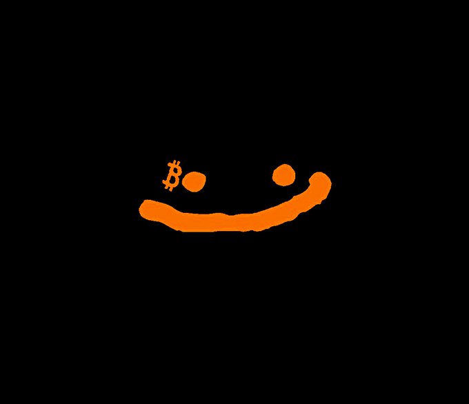 A minimalist graphic of a simple orange smiley face on a black background, where one of the eyes is replaced with the Bitcoin symbol.