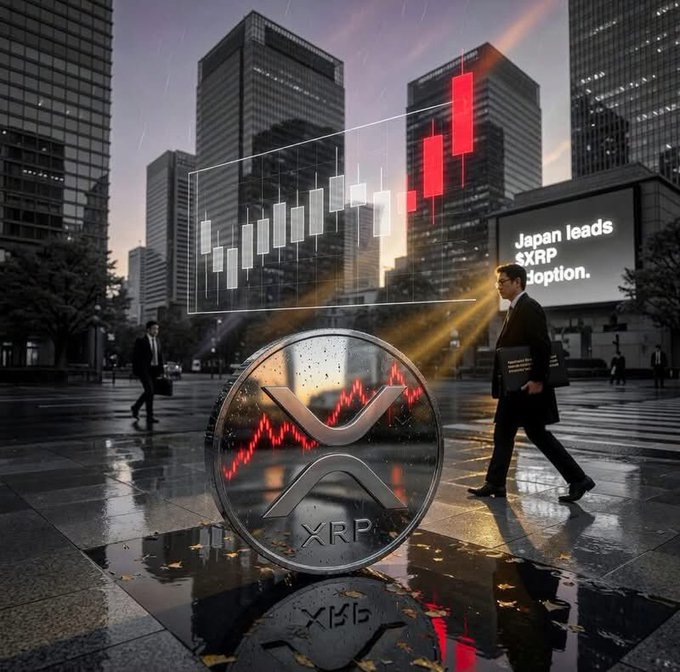 AI-generated image of a businessman walking past a large XRP coin in a rainy city, with a candlestick chart and text reading 'Japan leads XRP adoption'.