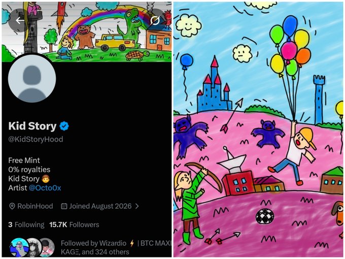 A Twitter/X profile page for "Kid Story" (@KidStoryHood) with 15.7K followers, advertising a "Free Mint" with 0% royalties, paired with a colorful children's drawing depicting a castle, balloons, and playful figures. The accompanying post promotes a free mint giveaway requiring participants to drop their EVM address, tag friends, and follow both @Benefactor_345 and @KidStoryHood for a chance to win 5 spots.
