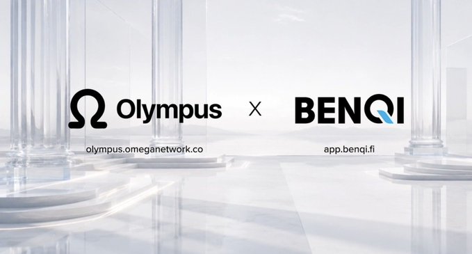 The image displays a collaboration announcement between "Olympus" (olympus.omeganetwork.co) and "BENQI" (app.benqi.fi), featuring their logos separated by an "x" symbol against a classical marble pillar background.

This visual reinforces the post's message of partnership, showcasing the two protocols (Olympus and BENQI) teaming up, with BENQI highlighted as the lending infrastructure powering AVAX lending within Olympus.
