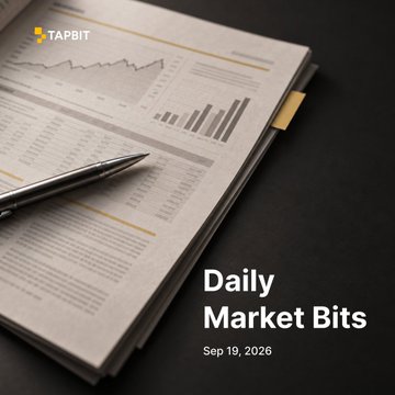 A promotional image from TAPBIT featuring financial documents with charts and graphs on a clipboard with a pen, overlaid with the text 'Daily Market Bits' dated 'Sep 19, 2026'.