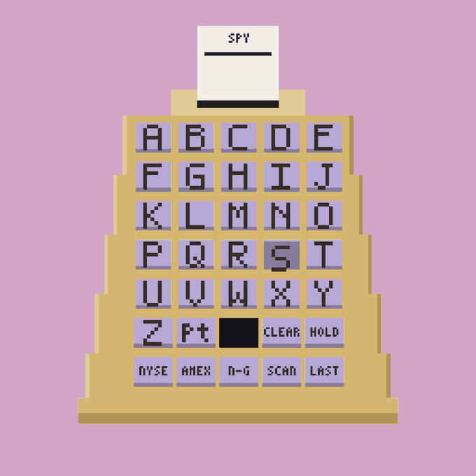 A pixel art illustration of a vintage Quotron stock ticker machine displaying "SPY" with a yellow keyboard showing letters A-Z and stock exchange buttons like NYSE, AMEX, and NASDAQ, fitting the context of a discussion pricing Quotrons404 NFTs.