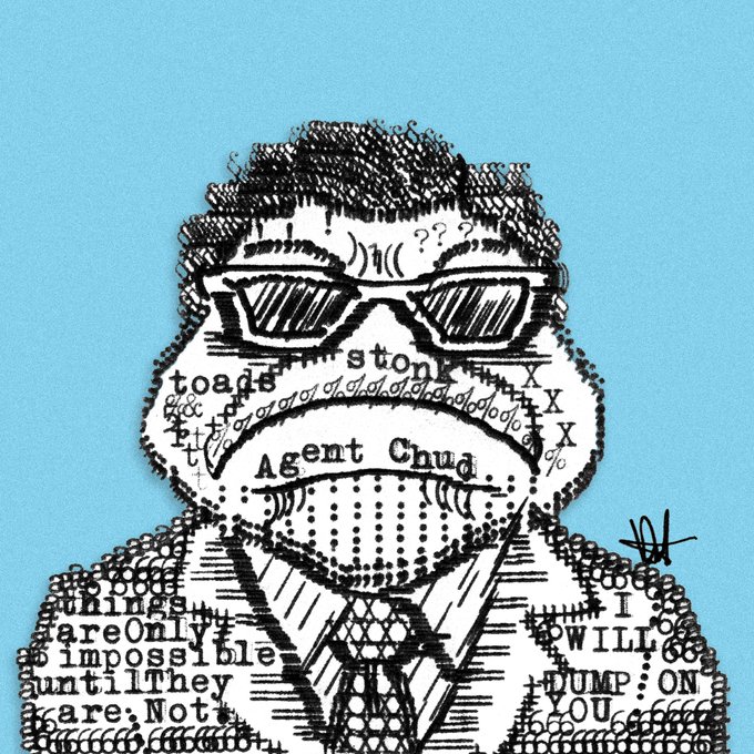 A black and white pen illustration of a man wearing sunglasses with various phrases embedded in his face including 'stonk', 'toads', 'Agent Chud', and 'I WILL DUMP ON YOU'.