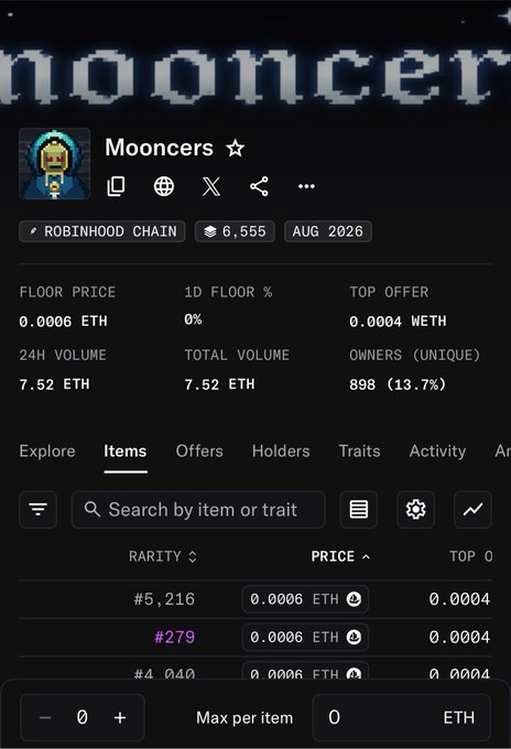 A NFT marketplace listing for the "Mooncers" collection on Robinhood Chain, showing a floor price of 0.0006 ETH, 24H volume of 7.52 ETH, and 898 unique owners (13.7%), with items priced at 0.0006 ETH—suggesting early free minting profits for the developer, as noted in the caption "Thanks Free Money LOL."