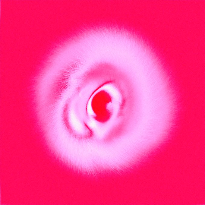 An abstract, close-up image of a glowing pink and red eye-like shape with fuzzy, radiating edges against a bright pink background.