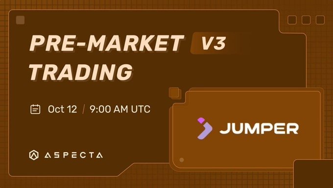 A brown-themed promotional banner announcing 'PRE-MARKET TRADING V3' launching on Oct 12 at 9:00 AM UTC, featuring the Jumper and Aspecta logos.