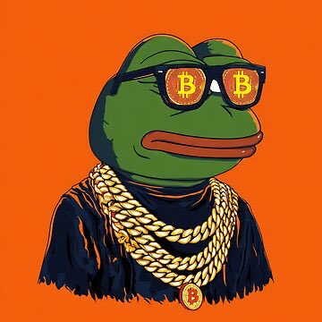 An illustration of Pepe the Frog wearing black sunglasses with Bitcoin 'B' logos on the lenses, gold chains, and a Bitcoin pendant, set against an orange background.