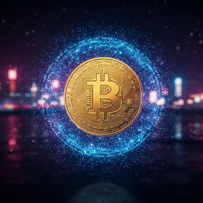 A golden Bitcoin coin with circuit board engravings is encircled by a glowing blue ring of binary code against a backdrop of a neon-lit city skyline at night.