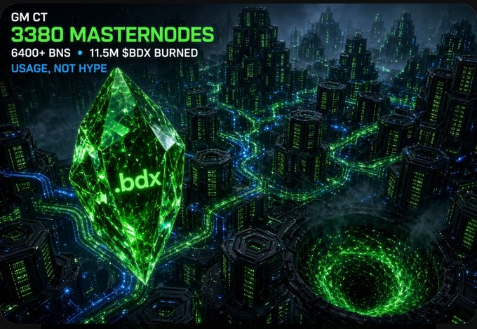 A glowing green ".bdx" crystal towers over a futuristic cyber city, accompanied by text highlighting "3380 MASTERNODES," "6400+ BNS," and "11.5M $DX BURNED" under the tagline "USAGE, NOT HYPE" — visually reinforcing the post's emphasis on Beldex's onchain activity and real network usage rather than token hype.