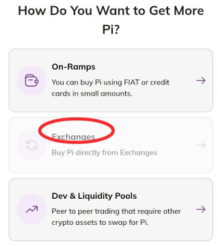 The image shows a menu titled "How Do You Want to Get More Pi?" with three options: "On-Ramps" (buy with FIAT or credit cards), "Exchanges" (buy directly from exchanges), and "Dev & Liquidity Pools" (peer-to-peer crypto swaps). The "Exchanges" option is circled in red, highlighting it as the relevant section related to the post's reminder that buying Pi via exchanges is not yet functional, despite the "Buy" option appearing in the Pi Wallet.