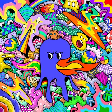 A vibrant, psychedelic cartoon illustration featuring a blue octopus-like creature with a duck bill and a small orange cat on its head, surrounded by various colorful abstract shapes and characters.