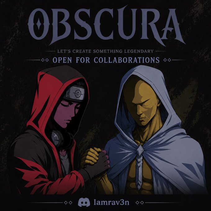 The image is a promotional graphic featuring two anime-style characters—a dark-haired girl with a headband and a golden-skinned figure with long flowing hair—clasping hands in a gesture of partnership. Text on the image reads "OBSCURA," "GM," "CA," "lamrav3n," and "Open for Collab," aligning with the post's announcement about an ongoing collaboration and DM outreach for @ObscuraNfts.