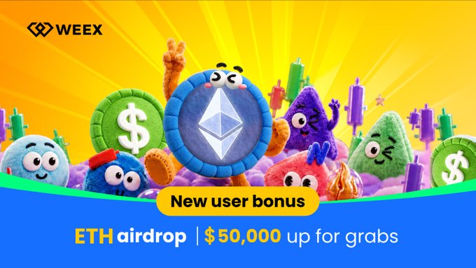 A vibrant WEEX promotional banner featuring cute plush mascot characters surrounding a large Ethereum (ETH) coin, advertising a "New user bonus" with an "ETH airdrop" offering "$50,000 up for grabs" to attract new traders to the platform.