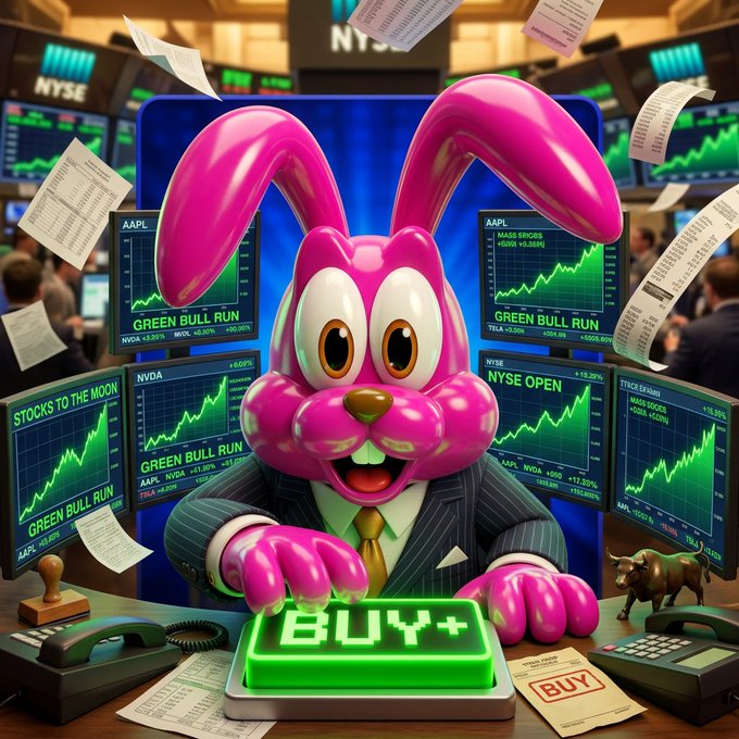 A 3D-rendered pink cartoon rabbit mascot in a business suit is seated at a trading desk in a stock exchange, surrounded by monitors displaying stock tickers like AAPL and NVDA with green upward trend lines and phrases such as 'GREEN BULL RUN' and 'STOCKS TO THE MOON.' The rabbit is pressing a glowing green 'BUY+' button.