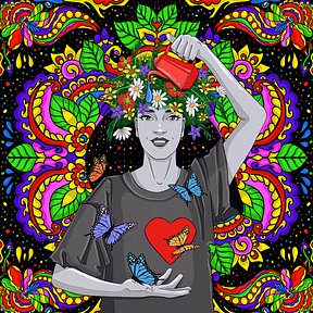 A vibrant, symmetrical illustration of a person with a flower crown holding a red cup, wearing a shirt with a heart and butterflies, set against a kaleidoscopic floral background.