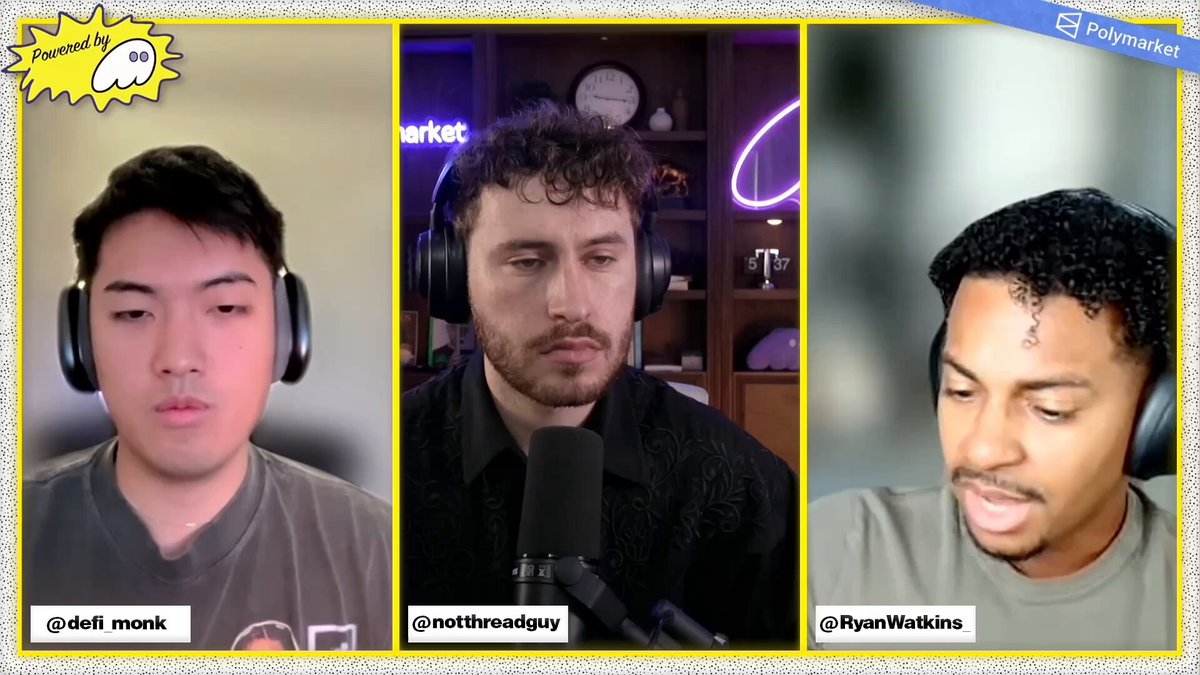 The image shows three men wearing headphones, each with their own microphone, appearing as if they are participating in an online podcast or video call. The background of the image features a clock, suggesting that the conversation might be related to time-related topics such as Bitcoin's future value and its impact on the financial world. 

The post discusses Bitcoin's potential decline over time, stating that it is just a bonafide macro asset now and will likely continue to grow in value for years to come. The old crypto playbook is broken, which means that traditional investment strategies might no longer be as effective when it comes to Bitcoin.