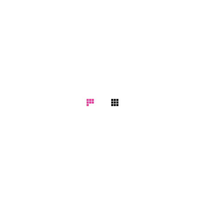 A minimalist graphic on a white background showing two small 3x3 grids of squares, one pink and one black.