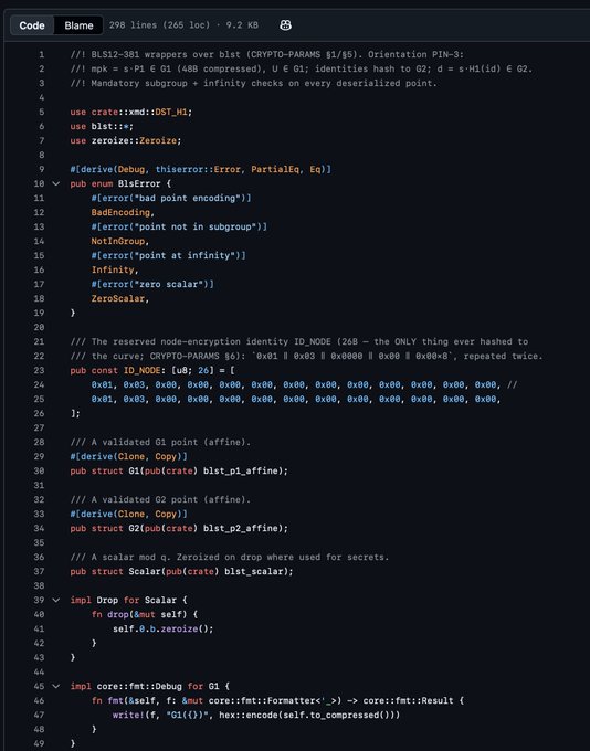Screenshot of Rust source code (Bls12-381 wrappers over blst) displaying the BlsError enum and ID_NODE constants in an editor.