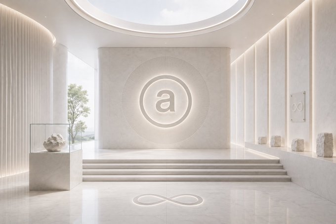 A minimalist, modern white marble gallery space features a glowing circular logo with the letter 'a' on the back wall, an infinity symbol embedded in the floor, and a rock display in a glass case.