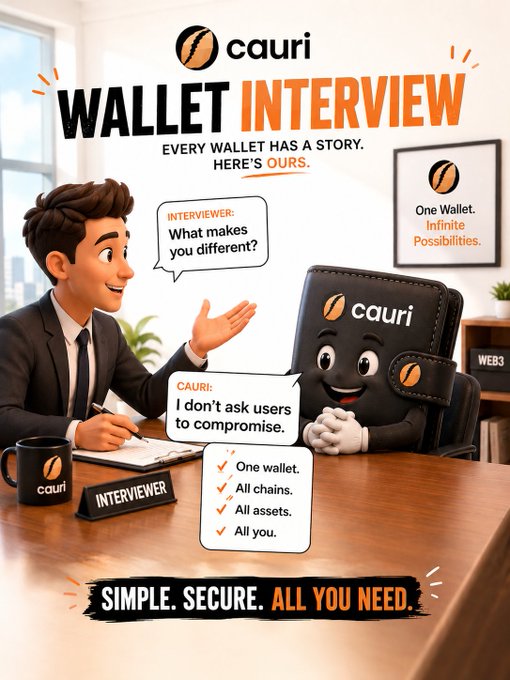 Cartoon-style promotional image titled "WALLETS INTERVIEW" by Cauri, featuring an interviewer asking what makes the wallet different, with the response "One wallet. All chains. All assets. All you." and tagline "SIMPLE. SECURE. ALL YOU NEED."