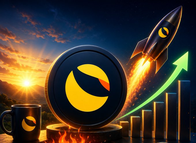 Digital artwork featuring a large coin with a yellow and black eye-like logo, accompanied by a rocket launching, an upward green arrow over rising bar graphs, set against a sunset landscape with the MEXC mug logo visible.