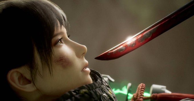 A woman with a bruised cheek looks up at a bloodied blade, symbolizing the harsh critique of "virtualized crap" in game-related journalism by Polygon in 2026.